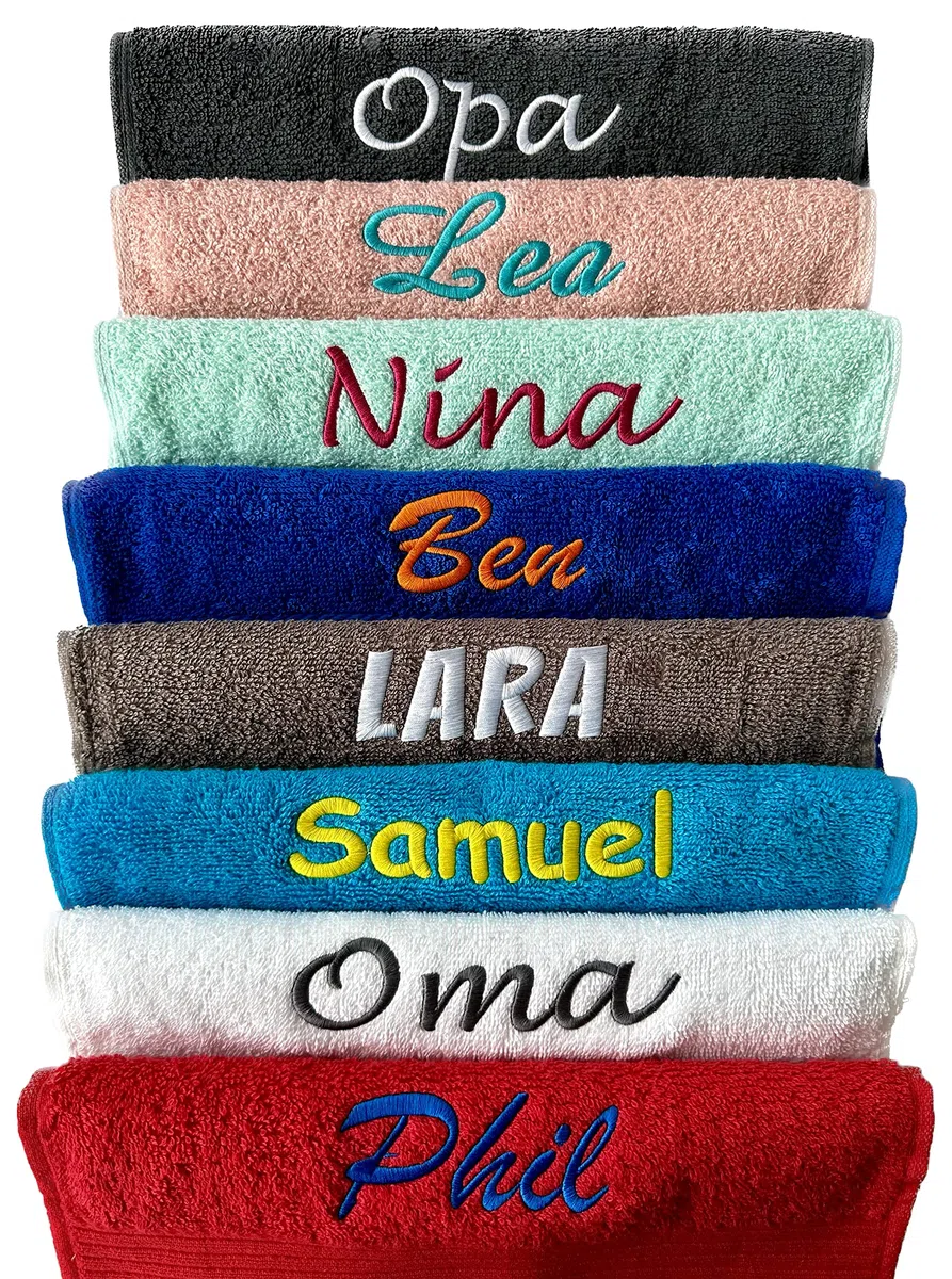 Schnoschi Handtuch mit Namen Bestickt | Wunschtext & Motiv personalisiert | 2 Zeilen inklusive | 100% Baumwolle | Saunatuch Badetuch Duschtuch Gästehandtuch | Individuelle Geschenkidee viele Farben