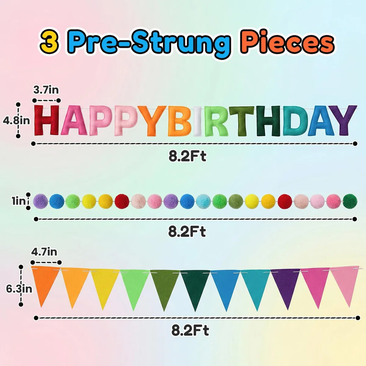 OLANRUN Geburtstagsdeko, Mit Happy Birthday Felt Girlande Sign, Wimpelkette Geburtstag, Pompon Girlande, Wiederverwendbares Regenbogen Happy Birthday Party Deko Banner Für Mädchen Junge Frauen Mann