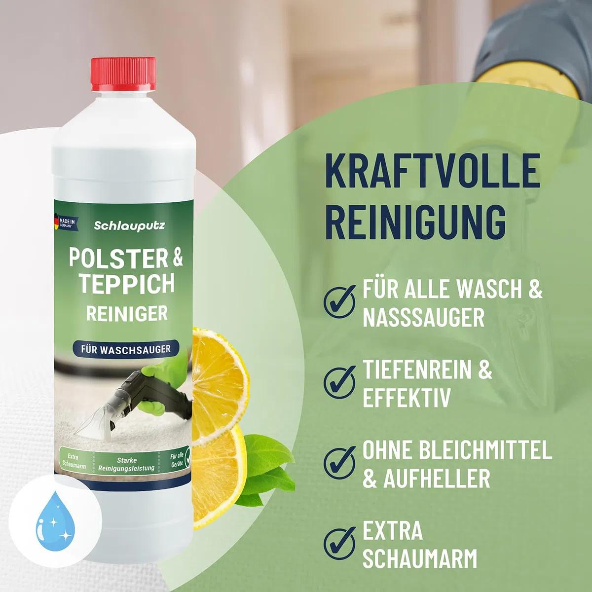 Waschsauger Teppichreiniger & Polsterreiniger Konzentrat – 1L Fleckenentferner Reinigungsmittel für Teppich, Sofa, Autositze – Anwendung im Nasssauger & Handreinigung – Ohne Bleichmittel