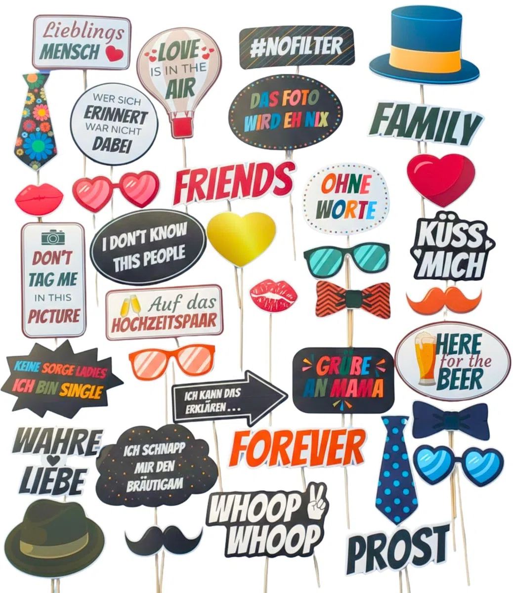 Fotobox Accessoires für Hochzeit -37-teiliges Premium Foto-Set für unvergessliche Hochzeitsbilder – Lustige Requisiten für Photo Booth Party Zubehör