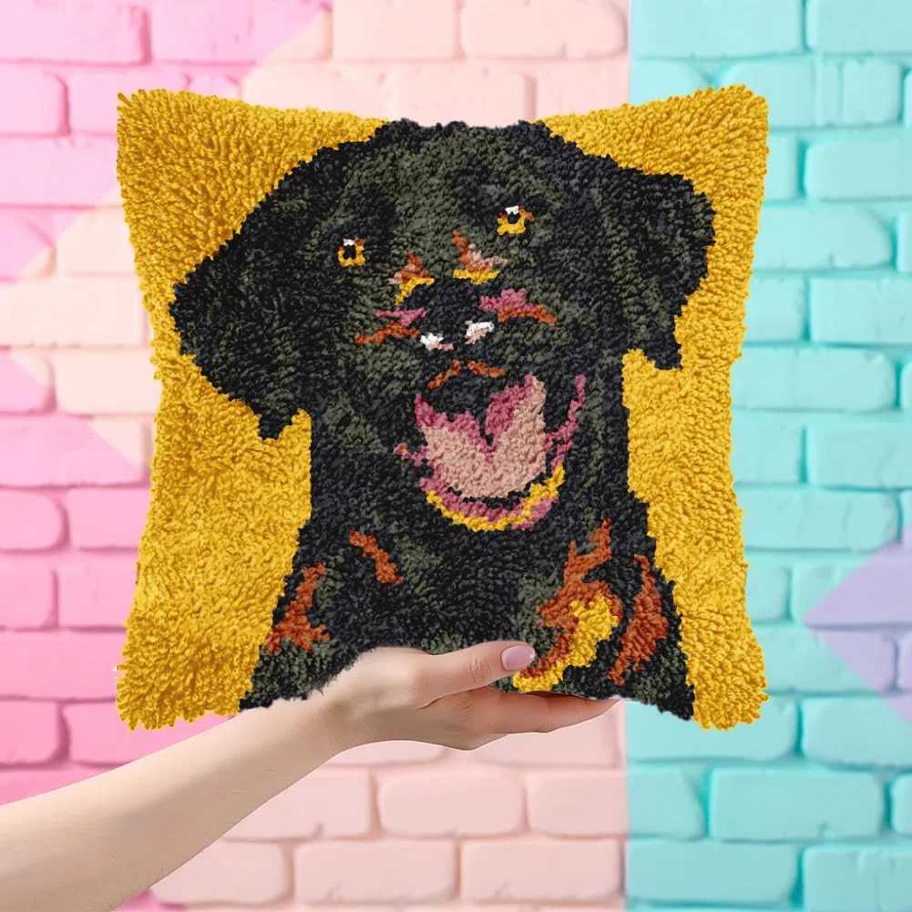 FREEBLOSS REEBLOSS 17x17 Knüpfset Für Erwachsene Und Anfänger Labrador Muster Vorgedrucktes DIY Häkel Und Knüpfkissen Set Kissenbezug Für Die Sofadekoration Mit Anleitung