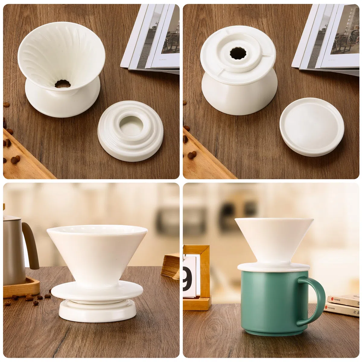 Pour Over Kaffeemaschine, Keramik-Kaffeetropfer mit 100 Stück Größe 02 Papierfilter, Keramik-Kaffeeservice mit Deckel, 450 ml, geeignet für 1-2 Personen (Weiß A)