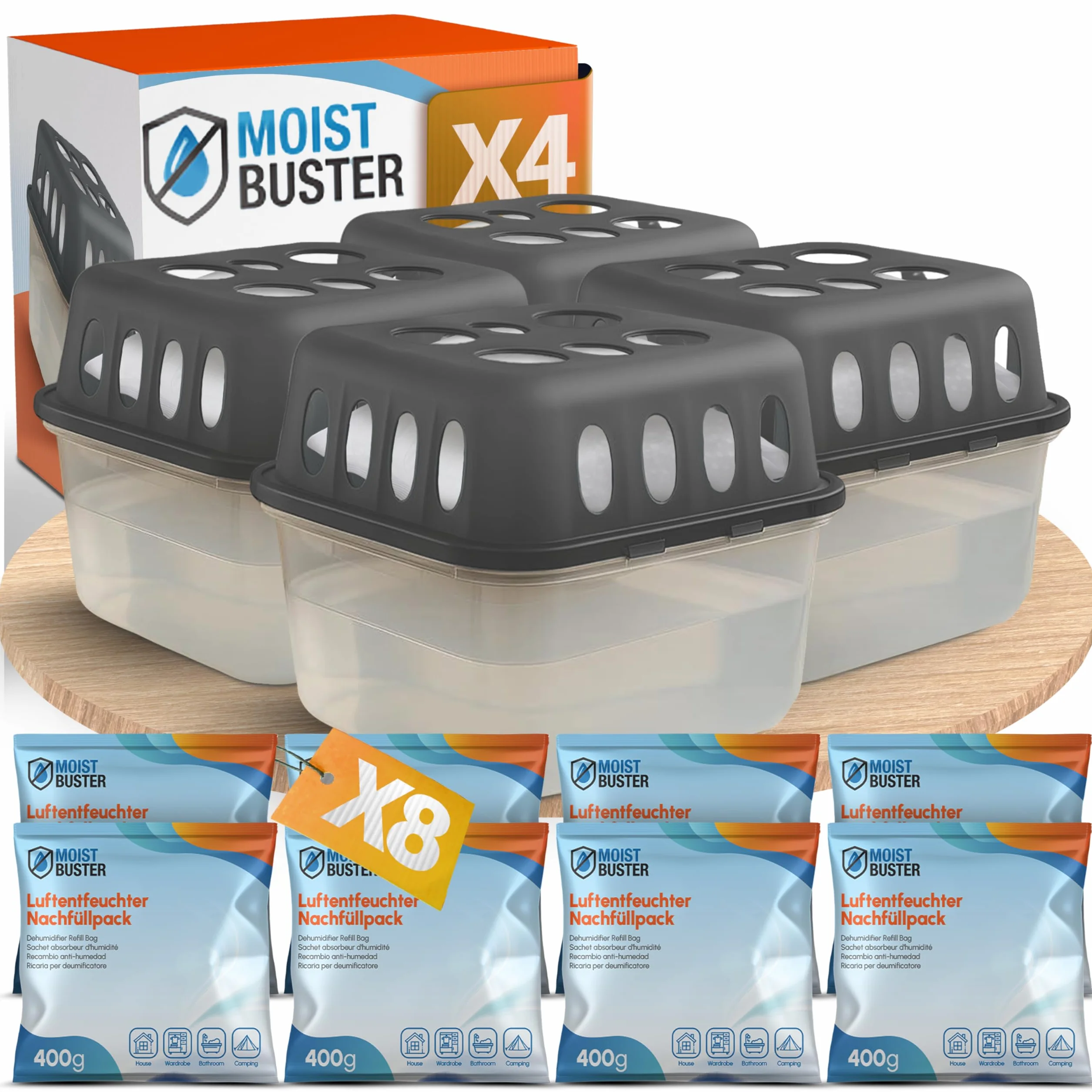 4x Luftentfeuchter ohne Strom + 8x 400g Luftentfeuchter Nachfüllpack - Raumentfeuchter bis 40m² für Keller, Bad uvm - Entfeuchter und Luftentfeuchter Granulat im Set - Schutz vor Schimmel