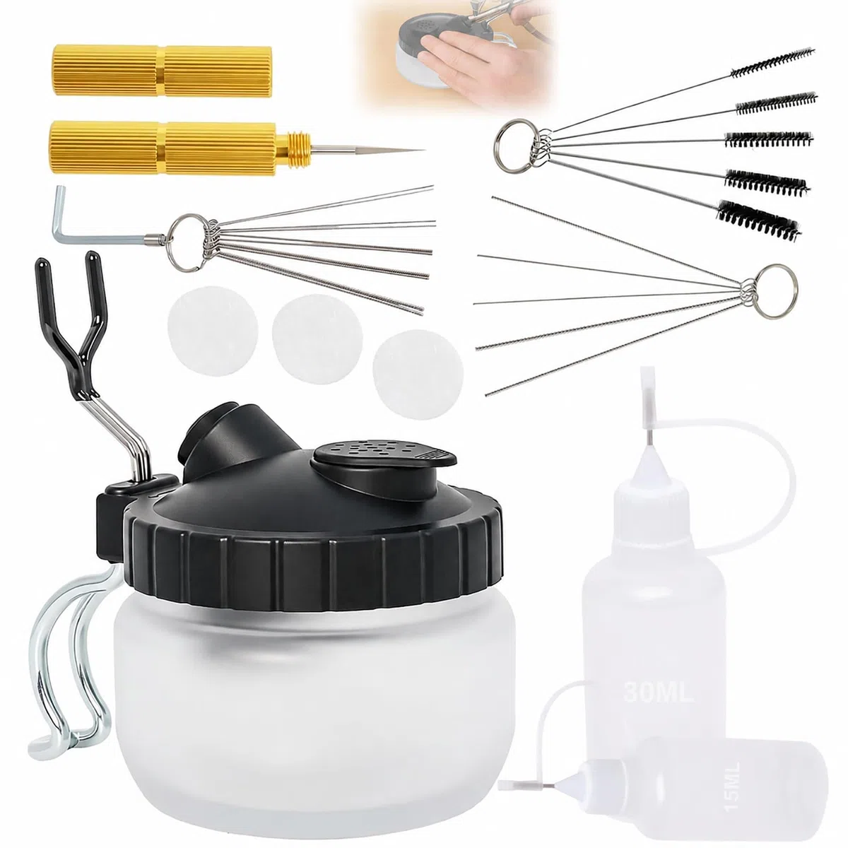 Poweka Airbrush Reinigungsset mit 5 Reinigungsbürsten, 5 Reinigungsnadeln, Reamer,Airbrush-Reinigungstopf Airbrush Reiniger, Tropfflaschen