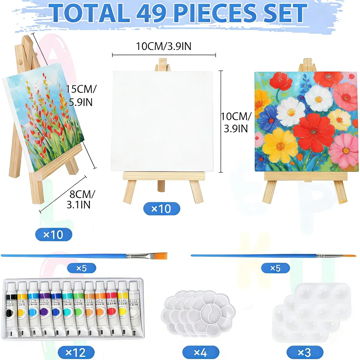 10 Stück Mini Leinwand mit Mini Staffelei, Kleine Leinwände mit Staffelei Klein, 10 Pinseln&12Acrylfarben&7 Farbtablett, 10x10cm Tischstaffelei Holz Leinwand Ständer Set für Malerei zum Zeichnen