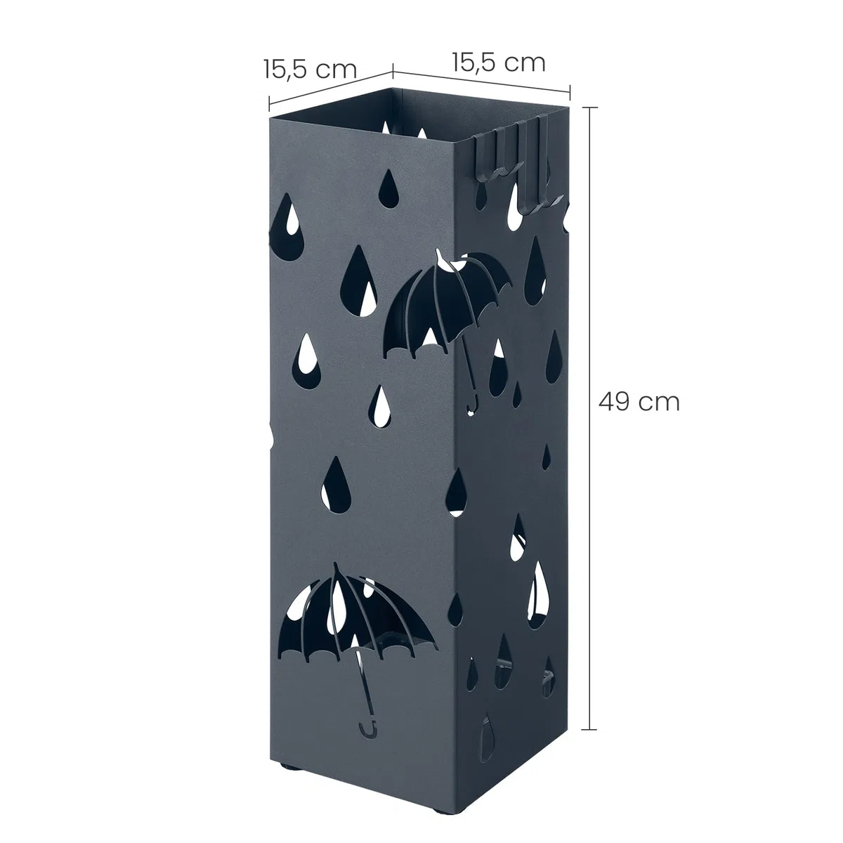 SONGMICS Regenschirmständer aus Metall, Schirmständer, quadratisch, mit Wasserauffangschale und 4 Haken, 15,5 x 15,5 x 49 cm, anthrazit LUC049G01