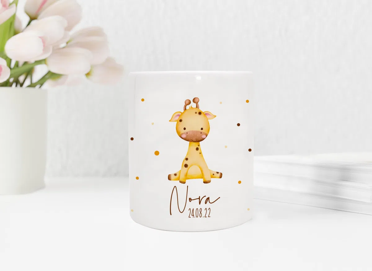 VERSCHENKICH Spardose für Kinder personalisiert - Geschenk zum Geburtstag, Weihnachten, Geburt - Spardose für Kinder mit Tiermotiv & eigenem Namen für Jungen & Mädchen (Spardose Giraffe)