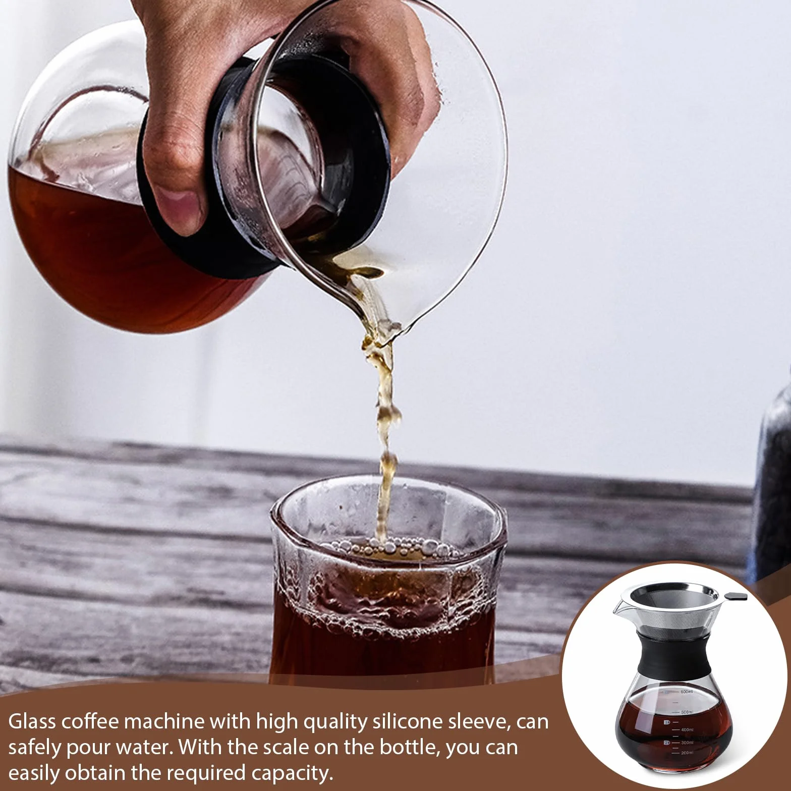 Pour Over Kaffeebereiter, 600ml Kaffeebrüher für Filterkaffee, Hand Kaffee Edelstahl Handfilter Aus Glas Mit Permanentfilter, Kaffeedrip-Brauer, Für Zuhause, Café, Restaurant und Camping, Schwarz