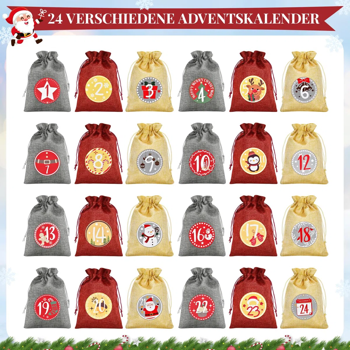 Alintor Groß Adventskalender zum Befüllen, 24 Weihnachtskalender Säckchen zum Befüllen, Adventskalender 2026 (Zahlen-Design)