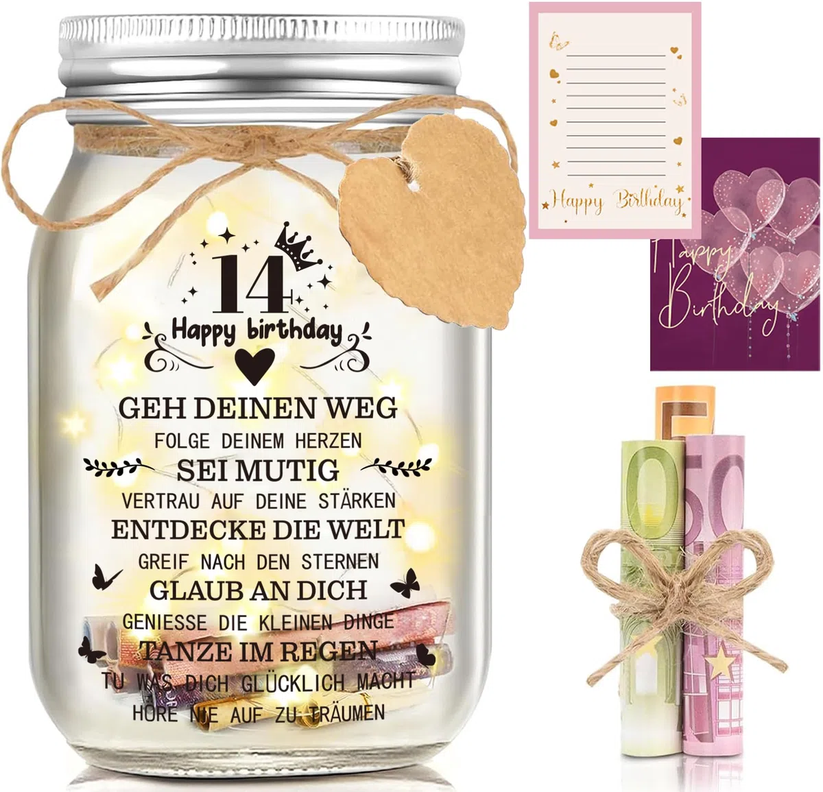 Geldgeschenk 14 Geburtstag Mädchen, LED Flaschenlicht, Geldgeschenke Verpackung, 14. Geburtstag für Mädchen Junge Frau Beste Freundin Schwester Familie