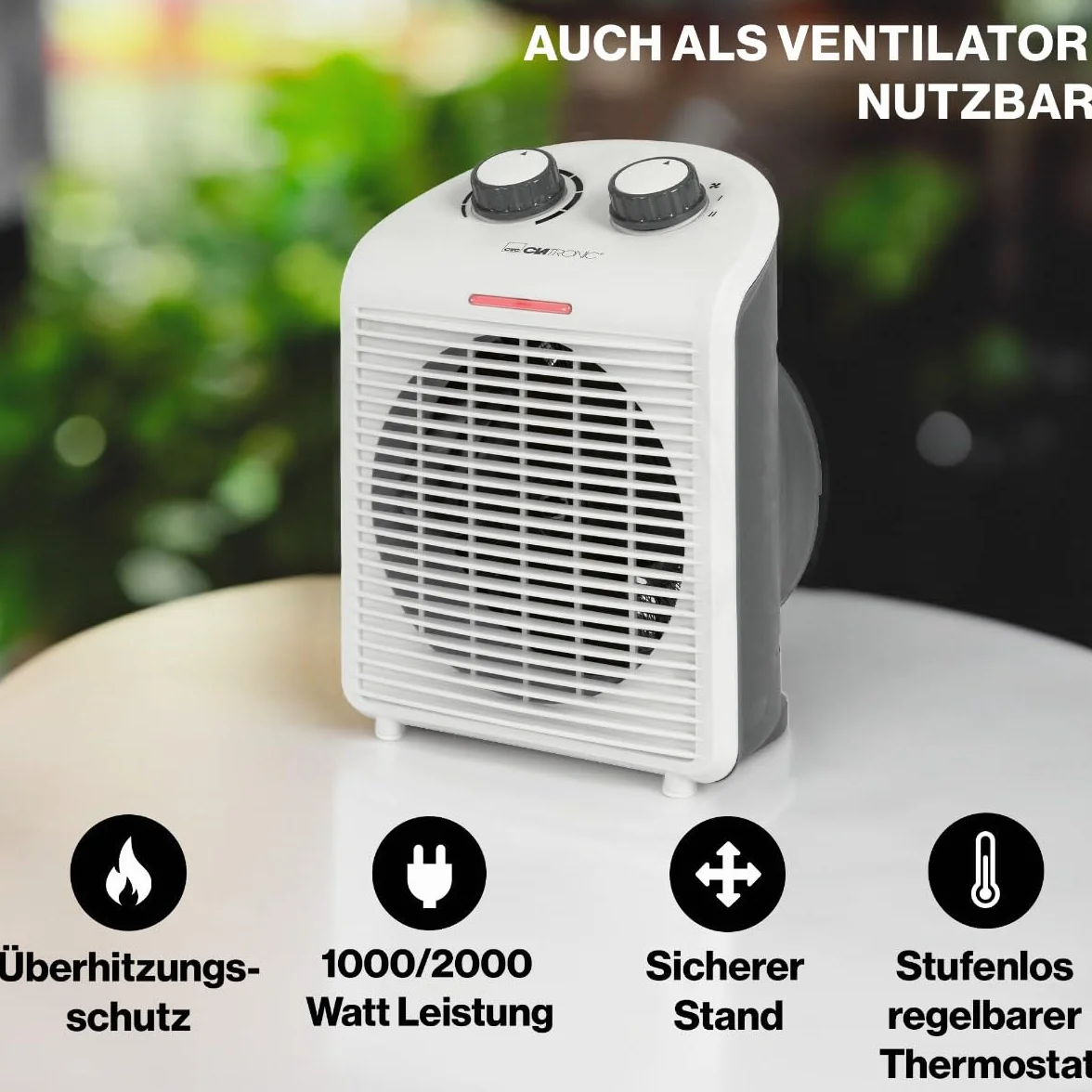 Clatronic Heizlüfter HL 3761, mobiler & kompakter Heizlüfter, 2 Heizstufen (1000/2000 W), Kaltstufe (Ventilator), stabiler Tragegriff, Grau-weiß, 263951