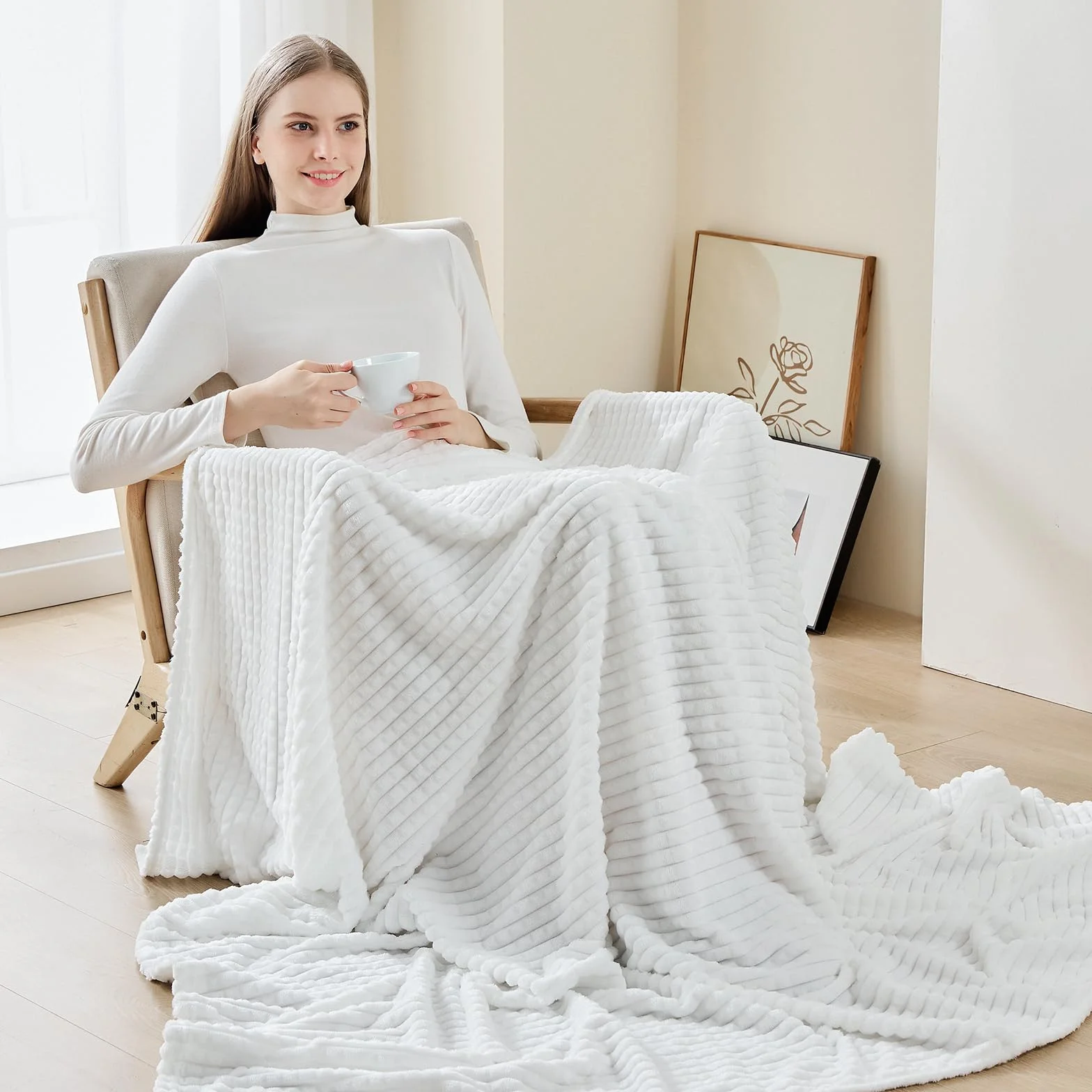 EMME Kuscheldecke Flauschige - 3D-Touch-Erlebnis 150x200cm Fleecedecke, Weiche Warme Wolldecke Überwurfdecke, Couchdecke, Decke für Sofa, Tagesdecke, Wohndecke, Weiß
