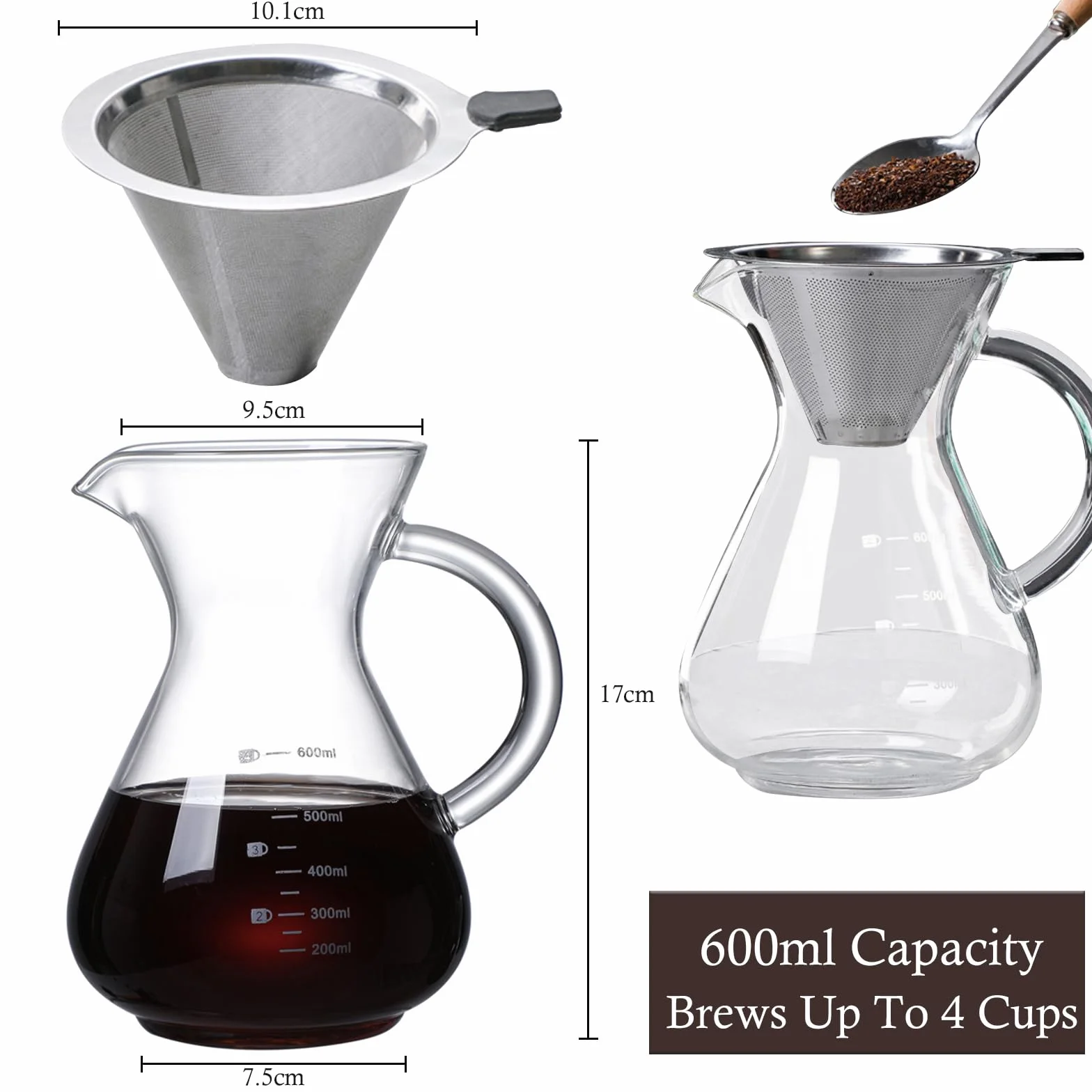 Pour Over Kaffeebereiter, 600ml Glas Kaffeekanne mit Filter und Hitzebeständigem Griff, Pour Over Coffee Maker Handbrüh Kaffeebereiter für bis zu 4 Tassen für Baristas Hause und Café