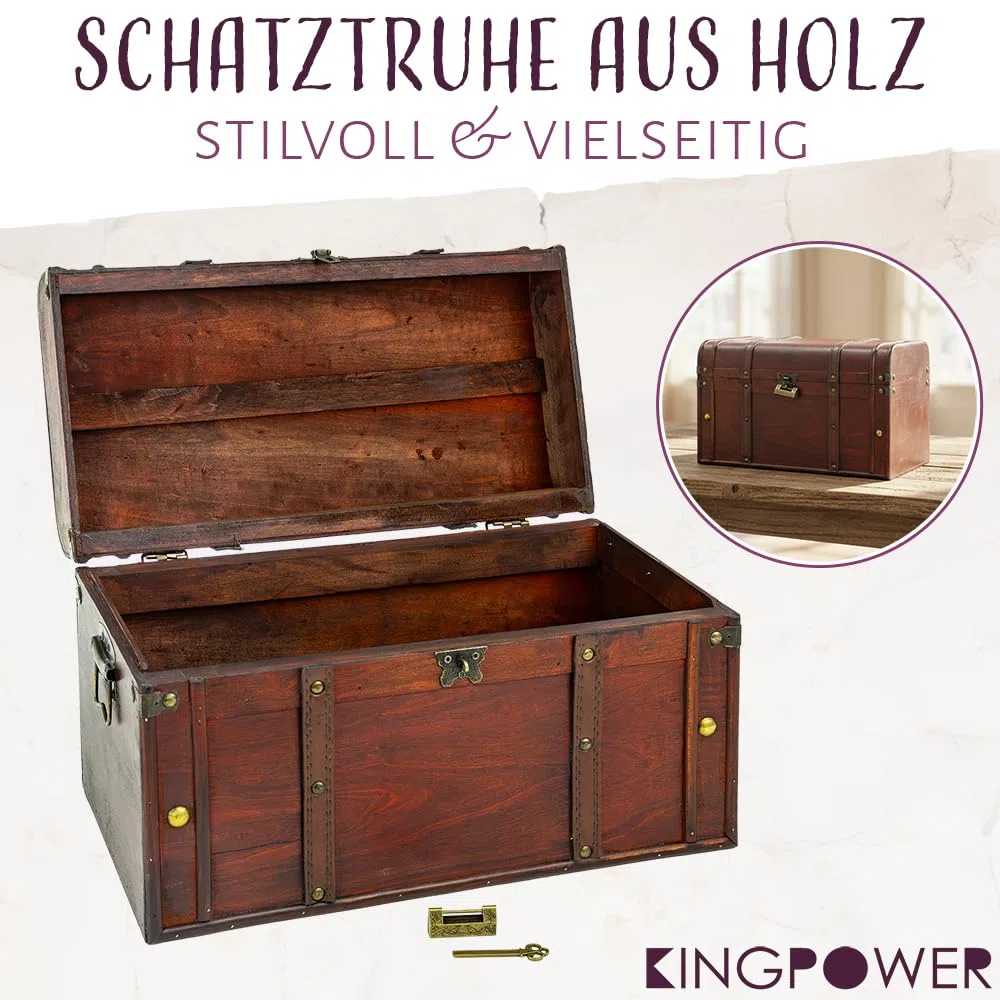 Kingpower Schatztruhe aus Holz 40 x 22 x 24 cm Box mit Schloss Schatzkiste Holztruhe Holzkiste Truhe