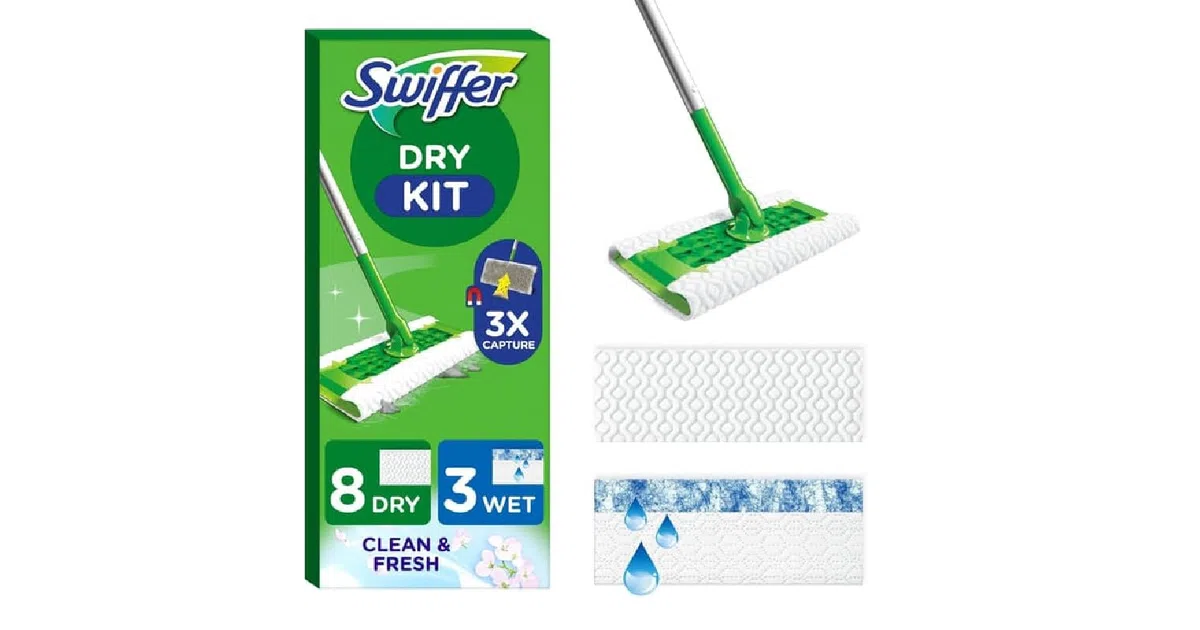 Swiffer Staubfänger, Starter-Set (1 Besen, 8 trockene Tücher, 3 imprägnierte Tücher für Parkett), fängt und hält 3 x mehr Staub als EIN Besen