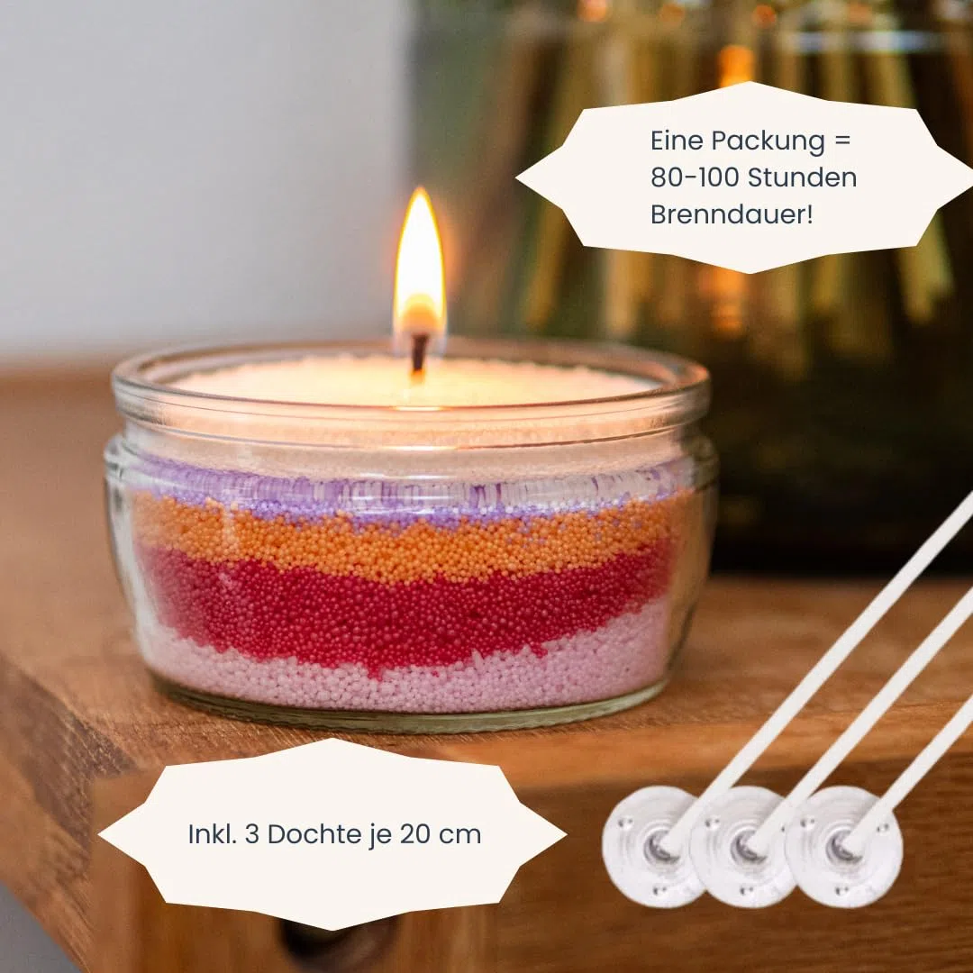 Kerzensand mit Duft – 450g Kerzenwachs Granulat + 3 Dochte – Kerzensand mit Docht – Lavendelzauber DIY Duftkerzen selber Machen
