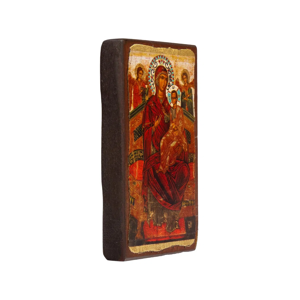 VATOPEDI MONASTERY Panagia Pantanassa 17. Jahrhundert Holz gealterte Ikone auf Leinwand mit farbigem Hintergrund vom Berg Athos (15 x 8 cm)