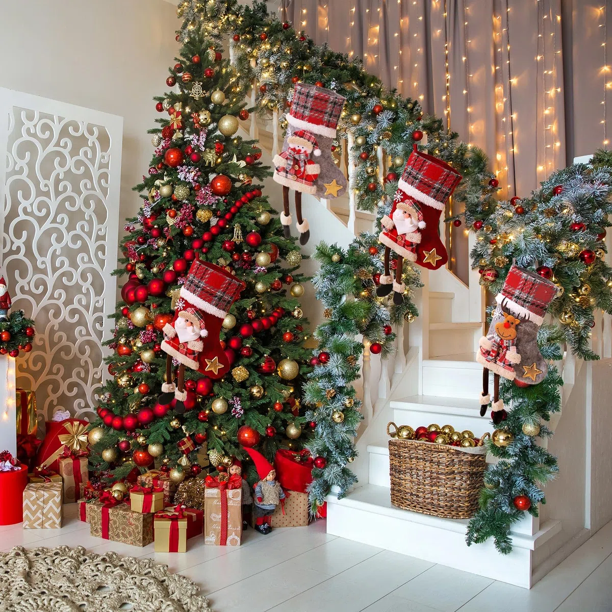 Nikolausstrumpf Kinder 3er Set, Klein Weihnachtsstrumpf Personalisiert Weihnachtssocken Kamin Nikolaus Socken Weihnachten Deko, Rot Grau Nikolausstiefel zum Befüllen Weihnachtsstrümpfe Weihnachtsdeko