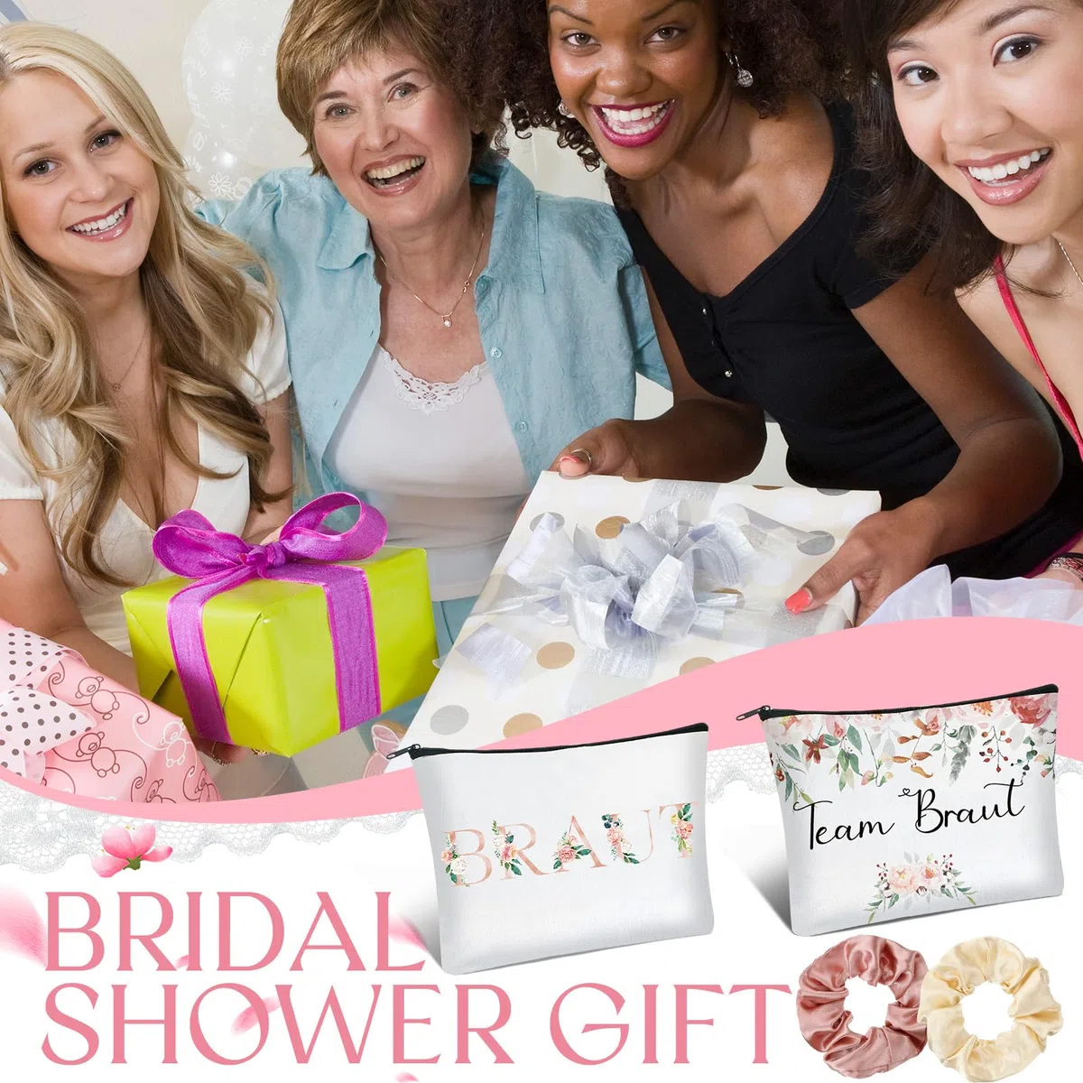9 Sets Braut Geschenke JGA Party Zubehör Satin Braut Haargummis Team Braut Make up Tasche Geschenk zur Brautparty Junggesellenabschied Tasche Dekoration für Hochzeit Verlobung (Rosa)