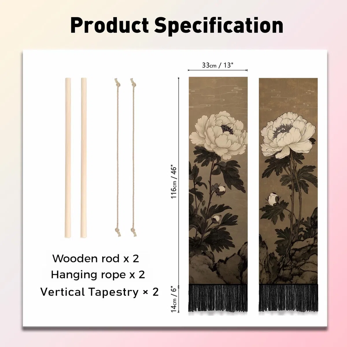 PLIGREAT 2er Pack Japanische Pfingstrose Vertikaler Wandteppich mit Quasten Elegante Blumen Wandbehang für Schlafzimmer Wohnzimmer Warme Lange Schmale Wandbehang Schlafsaal Zimmer Zuhause Kunst Dekor