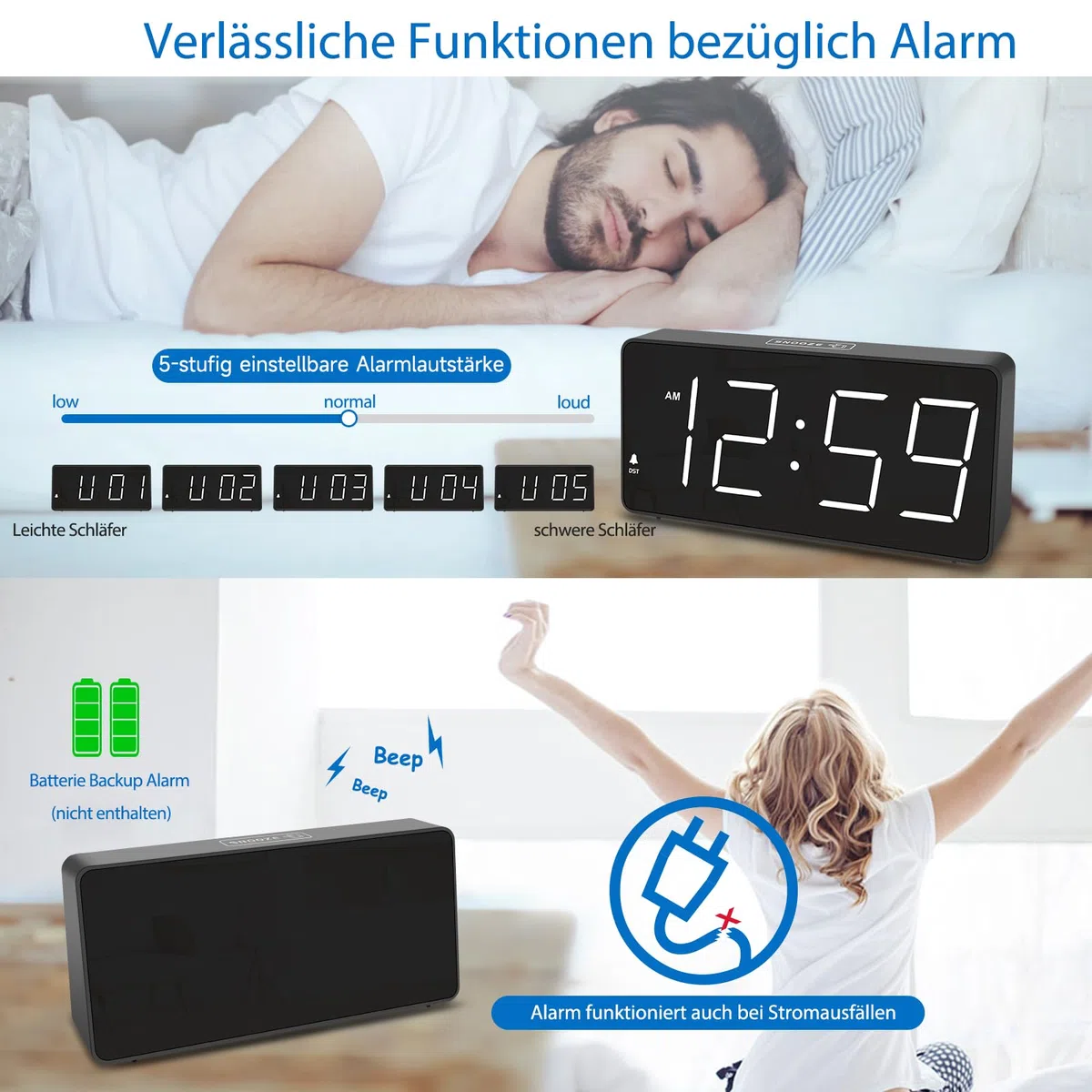 Eachui LED Wecker Digital mit Großen Zahlen, Wecker mit Ladestation, Helligkeit und Lautstärke Regelbar, Snooze, 12/24HR, Digital Uhr Netzbetrieben