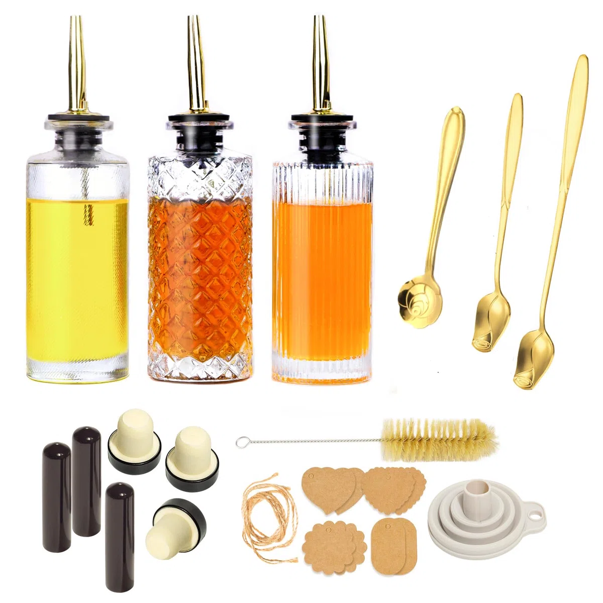 Oudizz Essig und ölflaschen Set mit Ausgießer 3 Stück - 200ml Kaffee Sirup Spender mit Metall Gießen für Kaffeebar - Kaffee Sirup Spenderflasche mit Ölgießdüse, Trichter, Karte, Stopfen