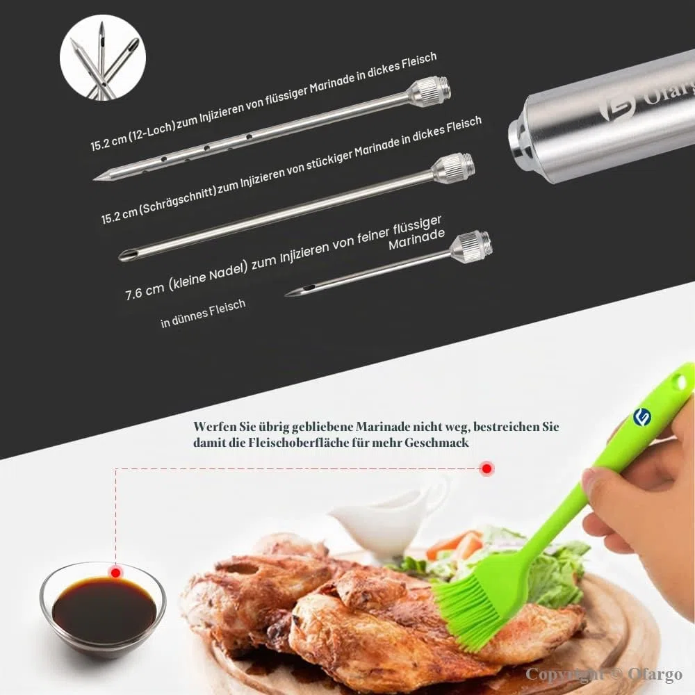 Ofargo Edelstahl Fleischspritze mit 3 Marinadeneinspritznadeln für Holzkohlegrills, 59 ml Fassungsvermögen, inklusive Bedienungsanleitung Geschenk für Männer und Frauen, die gerne grillen