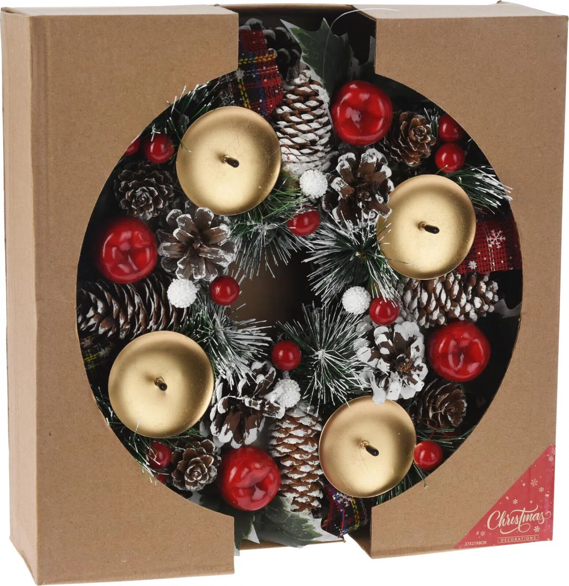 Bambelaa! Künstlicher Adventskranz mit 4 Kerzenhaltern in Gold Geschmückt Tannenzapfen roten Beeren 27cm - 40 cm (Braun, 27 cm)