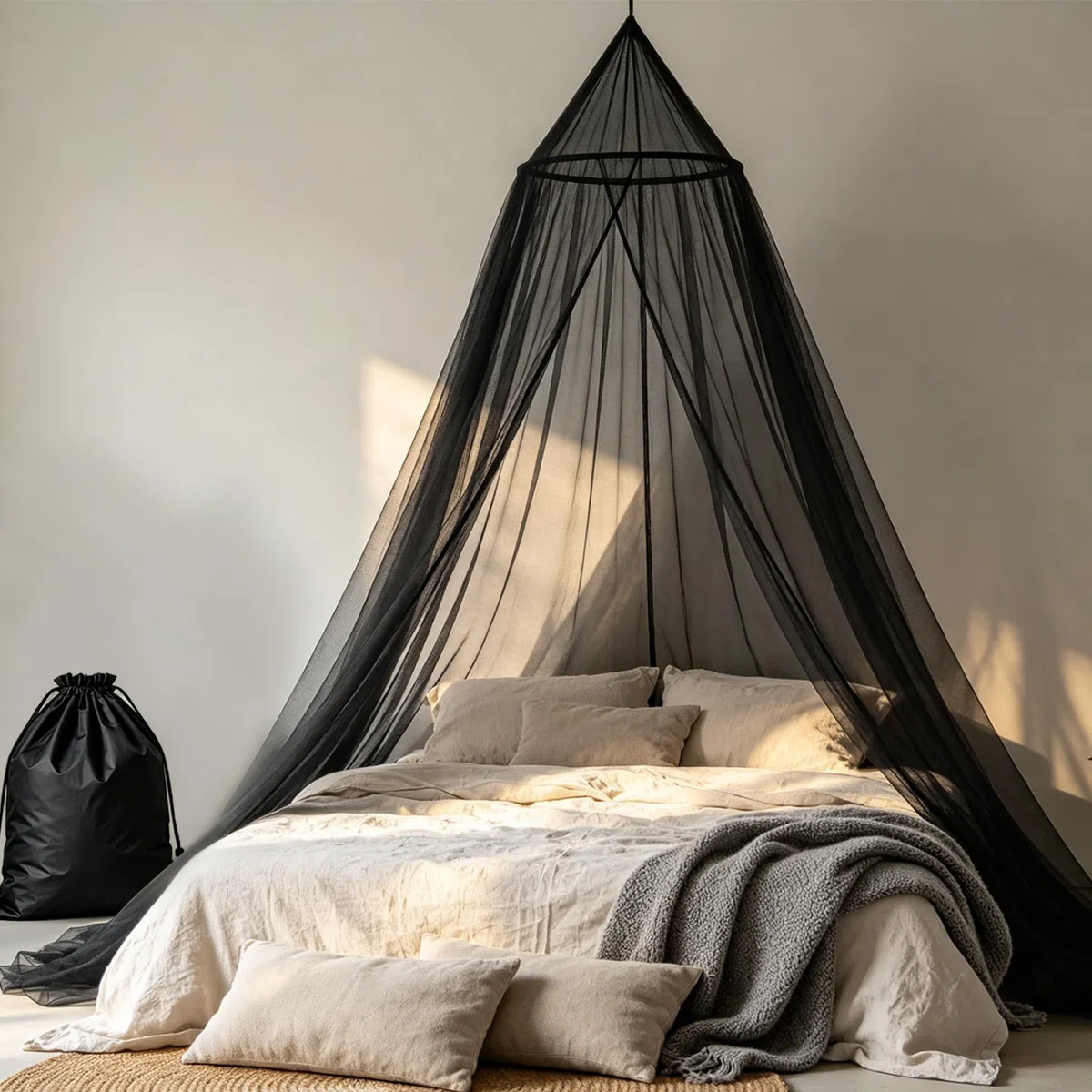 Großes Moskitonetz Bett Netz 60x250x1200cm Schwarz Reise Betthimmel Moskitonetz für Doppelbett Feinmaschiges mit Aufbewahrungstasche Vorhänge Anti Insektenschutz mit Klebehaken (Schwarz)