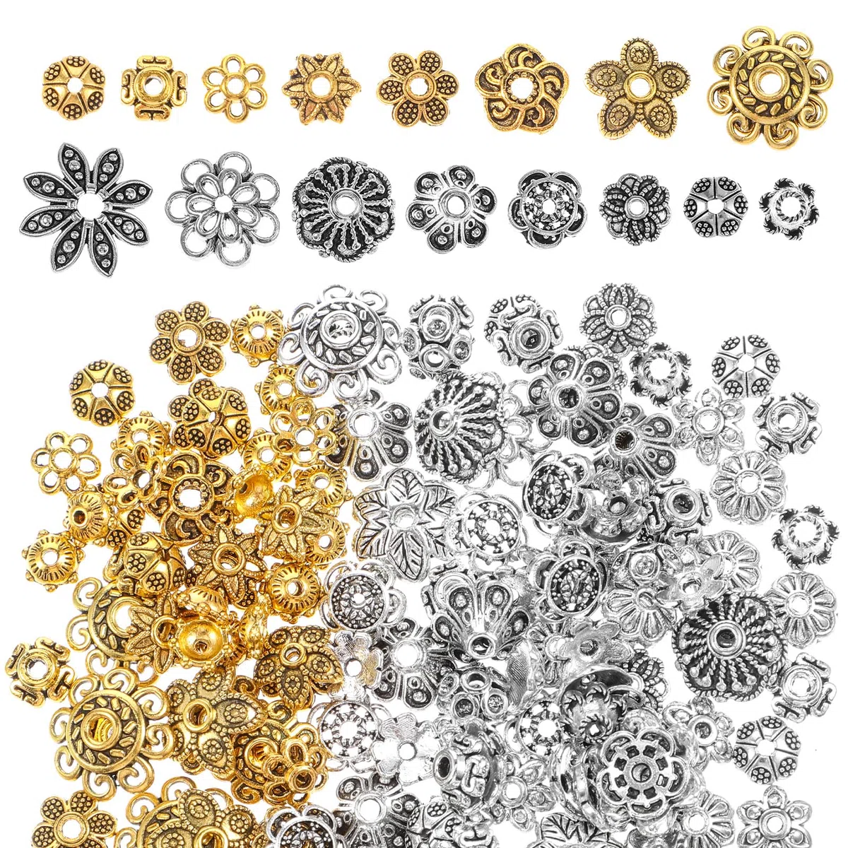 300 Stück Blumen Perlenkappen Gold Perlen Schmuckperlen Perlen zum Auffädeln Vintage Blumenperlen Endkappen Abstandsperlen Metallperlen für DIY Schmuckherstellung Armbänder Ohrringe Halsketten