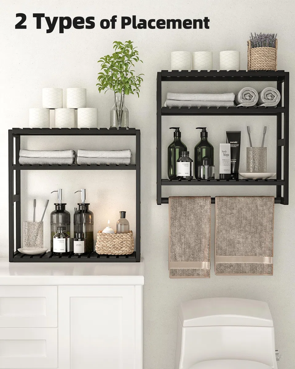 Bamworld Badezimmer Regal Bambus Regal 3-etagiges verstellbares Badregal über der Toilette mit Handtuchstange, platzsparendes WC-Regal, Badezimmermöbel, Bathroom Shelf Schwarz