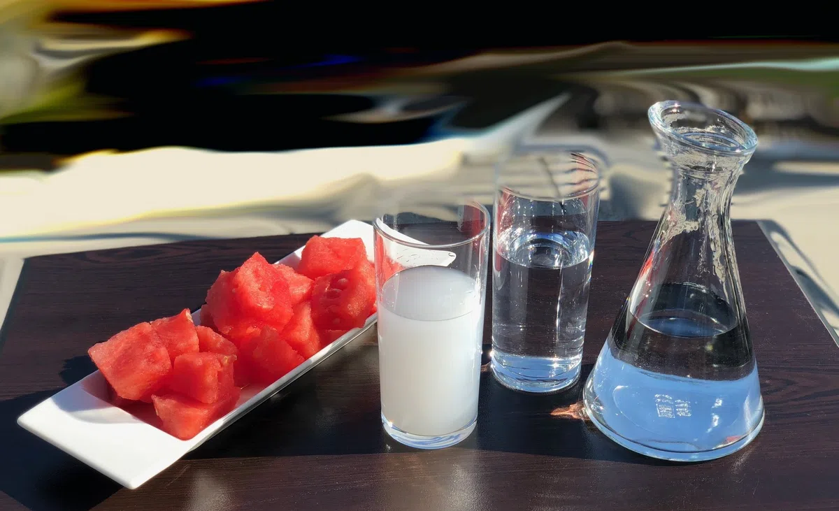 Topkapi 200.316-3-TLG Gedeck-Set aus Glas für Raki/Ouzo “Efendi”, 2 Original Raki Ouzo Gläser und eine Karaffe