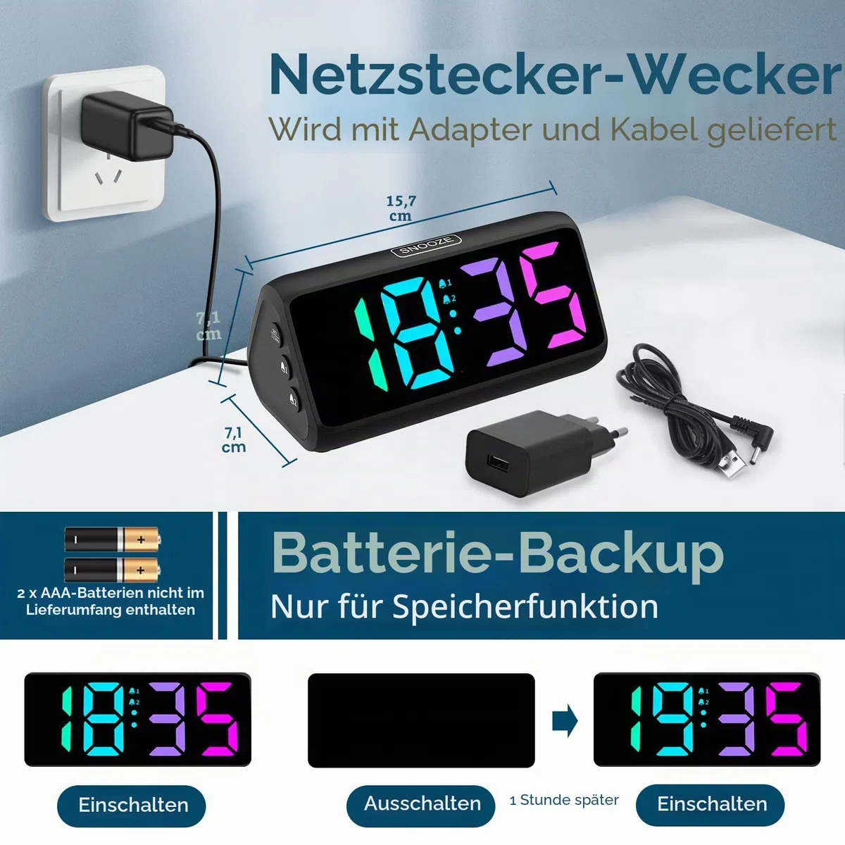 Lauter Wecker für Tiefschläfer, Digitalwecker mit Bunte Display, Doppelalarm, 5 Helligkeitsdimmer, 4 Lautstärken, Abschalt-Speicher, Wecker Nachttisch für Kinder Jugendliche Ältere Schwerschläfer