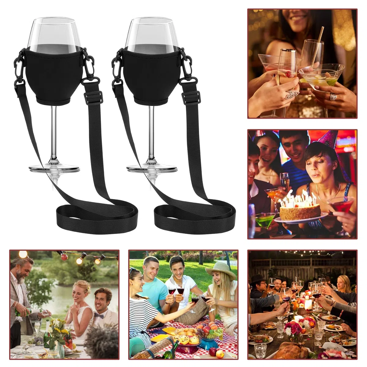 6 Stück Weinglashalter zum Umhängen, Tragbare Weinglas Halterung zum Umhängen, Stoff Weinglashalter für den Hals, Wine Glass Holder für Hochzeiten, Geburtstagsfeiern, Weihnachten (Schwarz)