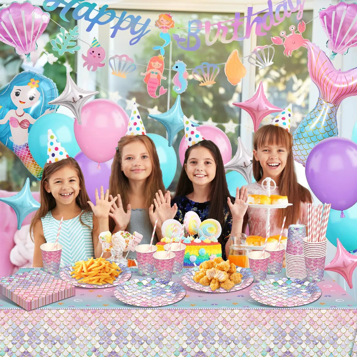Meerjungfrau Partygeschirr Set, Meerjungfrau Geburtstag Deko 5 Jahre, Geburtstag Party Geschirr, Pappteller Kindergeburtstag Deko mit Luftballons für Geburtstagsdeko Mädchen 5 Jahre 16 Gäste