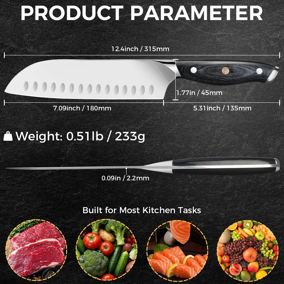 DiiHAUZZ Santokumesser, 18 cm scharfes Messer aus Edelstahl X50CrMoV15, Hochwertiges Küchenmesser mit Ergonomischem Pakkaholzgriff, Profi Kochmesser für Fleisch & Gemüse, Vatertagsgeschenk