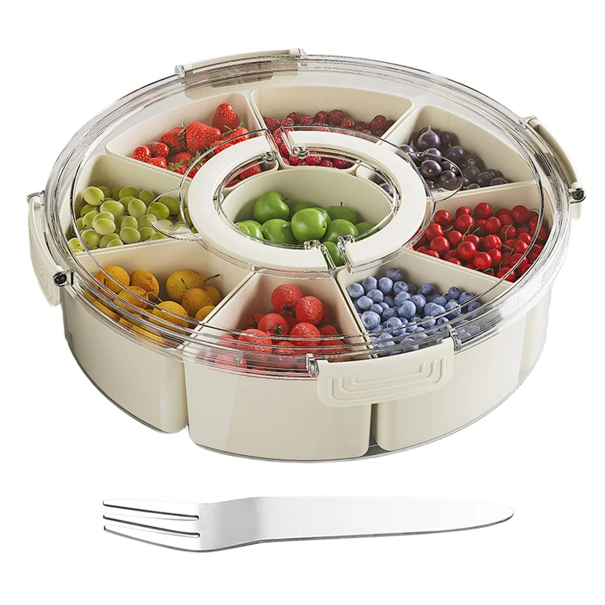Snackbox mit Fächern, Rund Große Snackdose mit 9 Fächern, Deckel, Griff, 4 Gabel, Snackteller mit Deckel, für Snacks Süßigkeiten Nüsse Obst Gewürze, für Party Picknick Trips