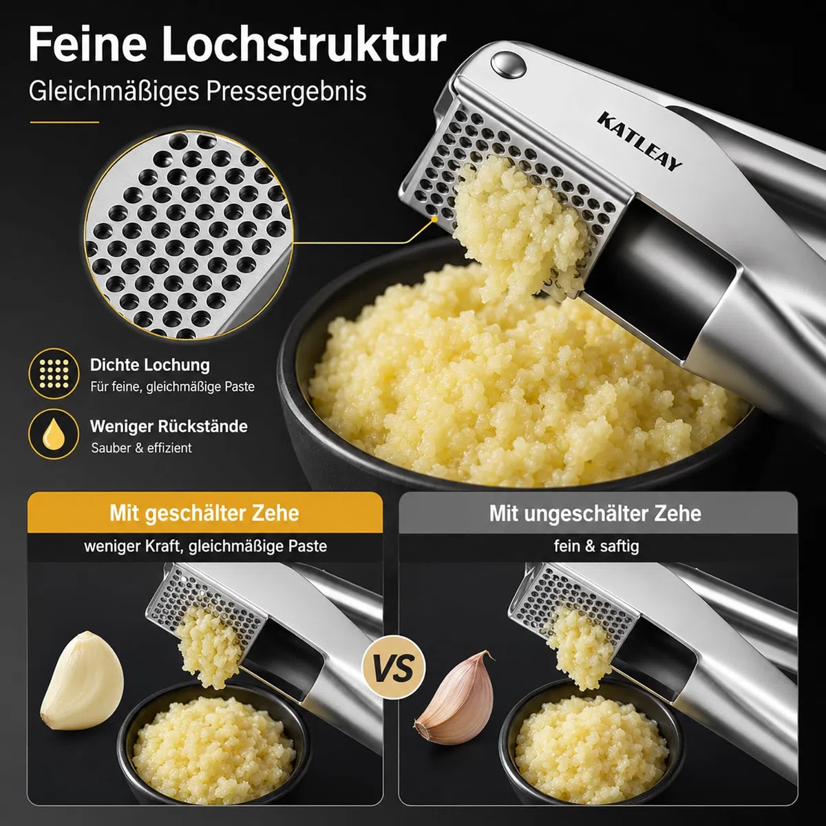 Profi Knoblauchpresse Edelstahl, Garlic Press Spülmaschinenfest - mit Schäler und Bürste, Leicht zu Quetschen, Leicht zu Reinigen, Bequem zu Halten, für Knoblauch & Ingwer (Kein Schälen Nötig)