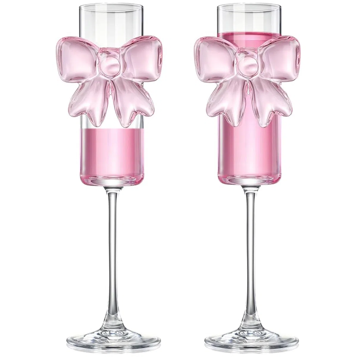 Kokett-160ml Glasbecher, rosa Schleife, Champagner, klare Gläser, Wein, Cocktails, Gläser für Zuhause, Bar, Hochzeit, Brautparty, Junggesellinnenabschied, 2 Stück