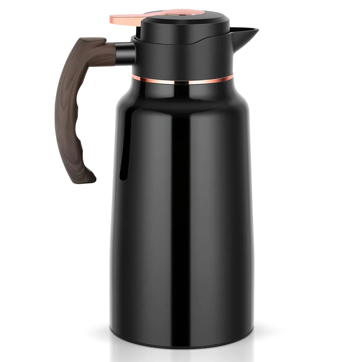 Thermoskanne, 2 Liter 304 Edelstahl Isolierkanne mit Holzoptik Griff, 24 h heiß / 24 h kalt, Kaffeekanne mit tropffreiem Ausguss, große Öffnung, zerlegbarer Deckel, Teekanne für Kaffee, Tee, Wasser