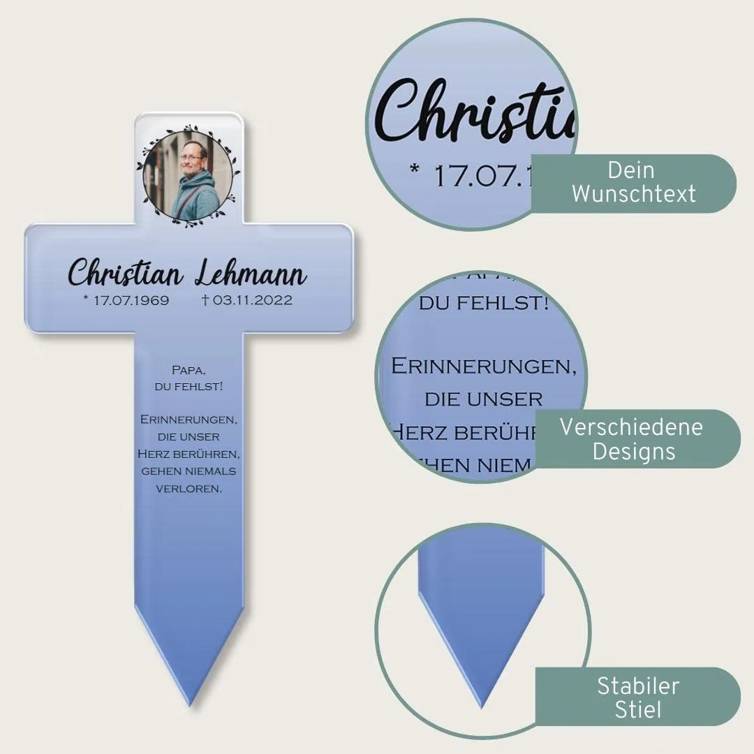 CHRISCK design Personalisiertes Grabkreuz mit vielen verschiedenen Designs - ideal als Andenken oder für den Friedhof - 3 Größen bis 22x40 cm