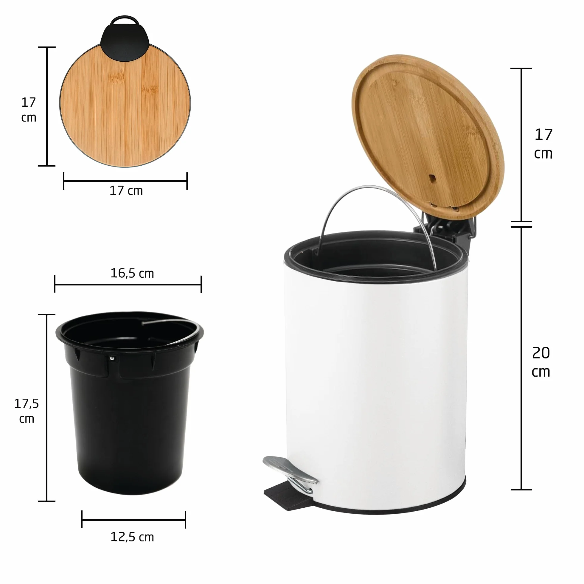 Amig - Kosmetikeimer mit Pedal 3L Naturline - Weiß und Bambus - Hygienische Öffnung - Ø16,8 x 23 cm - Lackierter Edelstahl - Runder Badeimer Mülleimer mit Deckel
