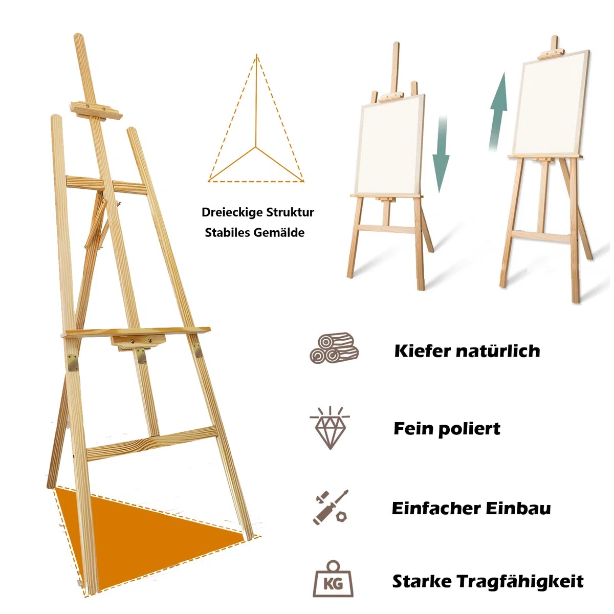 Jupitor Staffelei, 150cm Holzstaffelei für Kinder und Erwachsene, Kiefernholz, Leinwand Ständer, Hochzeit, Fasst bis zu 100 cm Leinwand