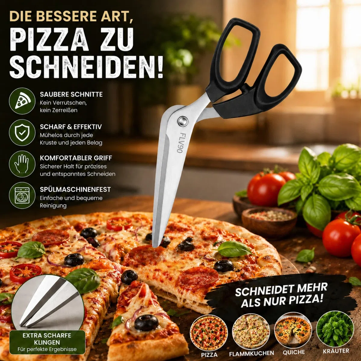 Pizzaschere aus Edelstahl, sehr scharfe Küchenschere für Pizza, geriebene Flambée und Kuchen, ergonomische, rutschfeste Griffe, spülmaschinenfest