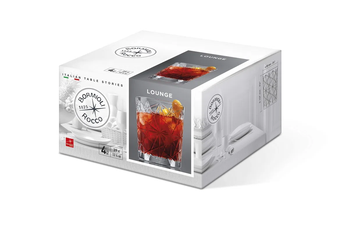 Bormioli Rocco Lounge DOF Glas, 4er-Set, 382 ml, transparent, für Whiskey, Bourbon, Saft und Wasser, hergestellt in Italien.
