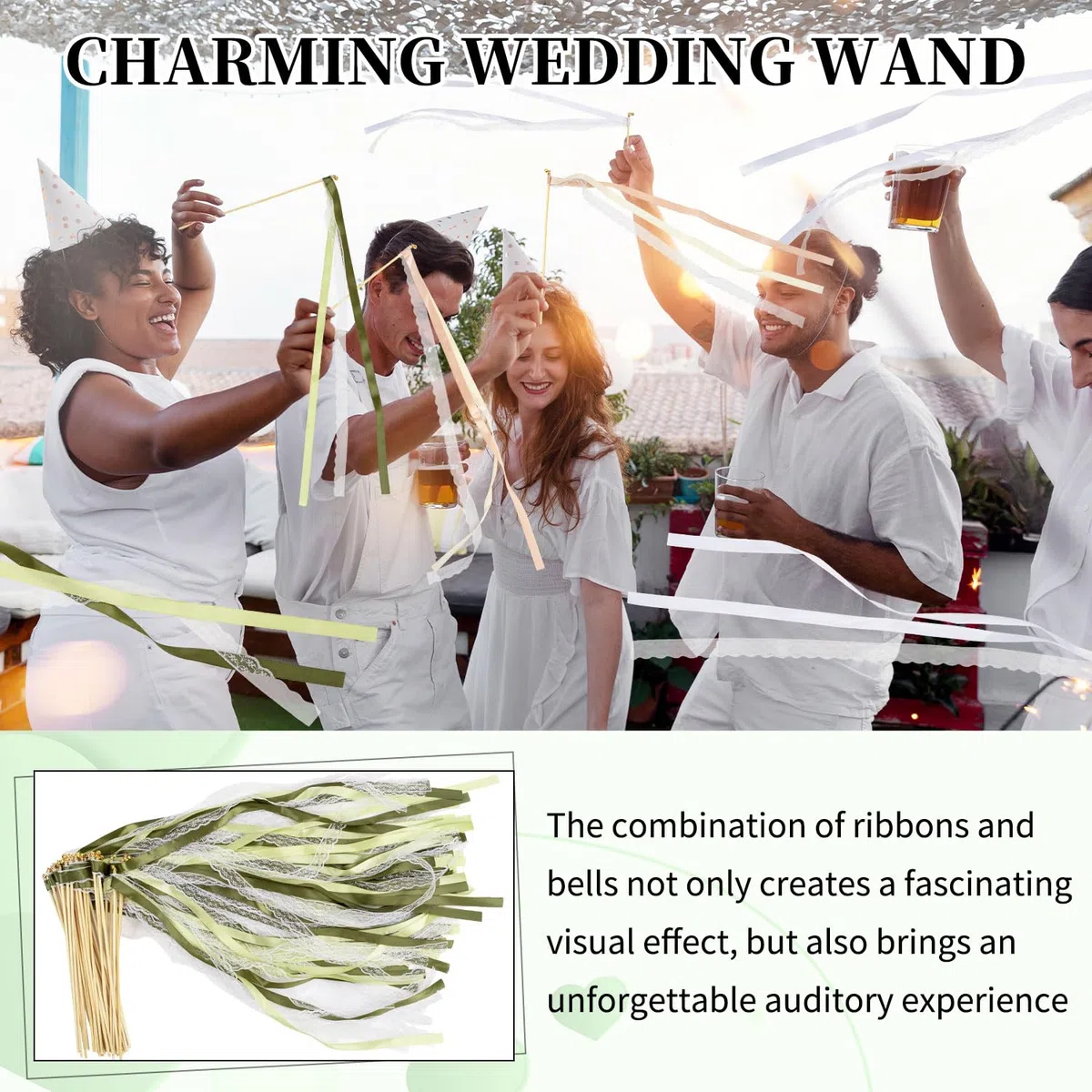 50 Stück Wedding Wands, Wedding Wands Sitzplan Hochzeit Luftschlangen mit Groß Glöckchen und Hochzeitsbändern, Zauberstäbe Seidenfeenstab für Hochzeiten, Geburtstage,Feiertagsfeiern (Grün)