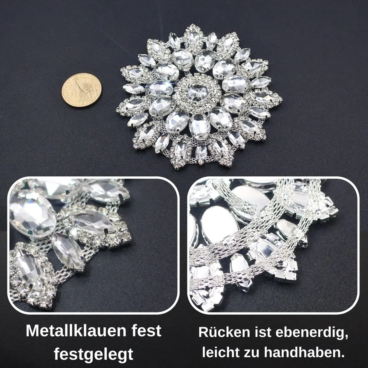 PEARLY JUN 2 Pcs Silver White Sonnenblumen Handgefertigte Strass Applikation Glass Rhinestone Applique Näh Applikationsaufnäher mit Kristallen Strass Applikation für Brautkleid DIY Taschen