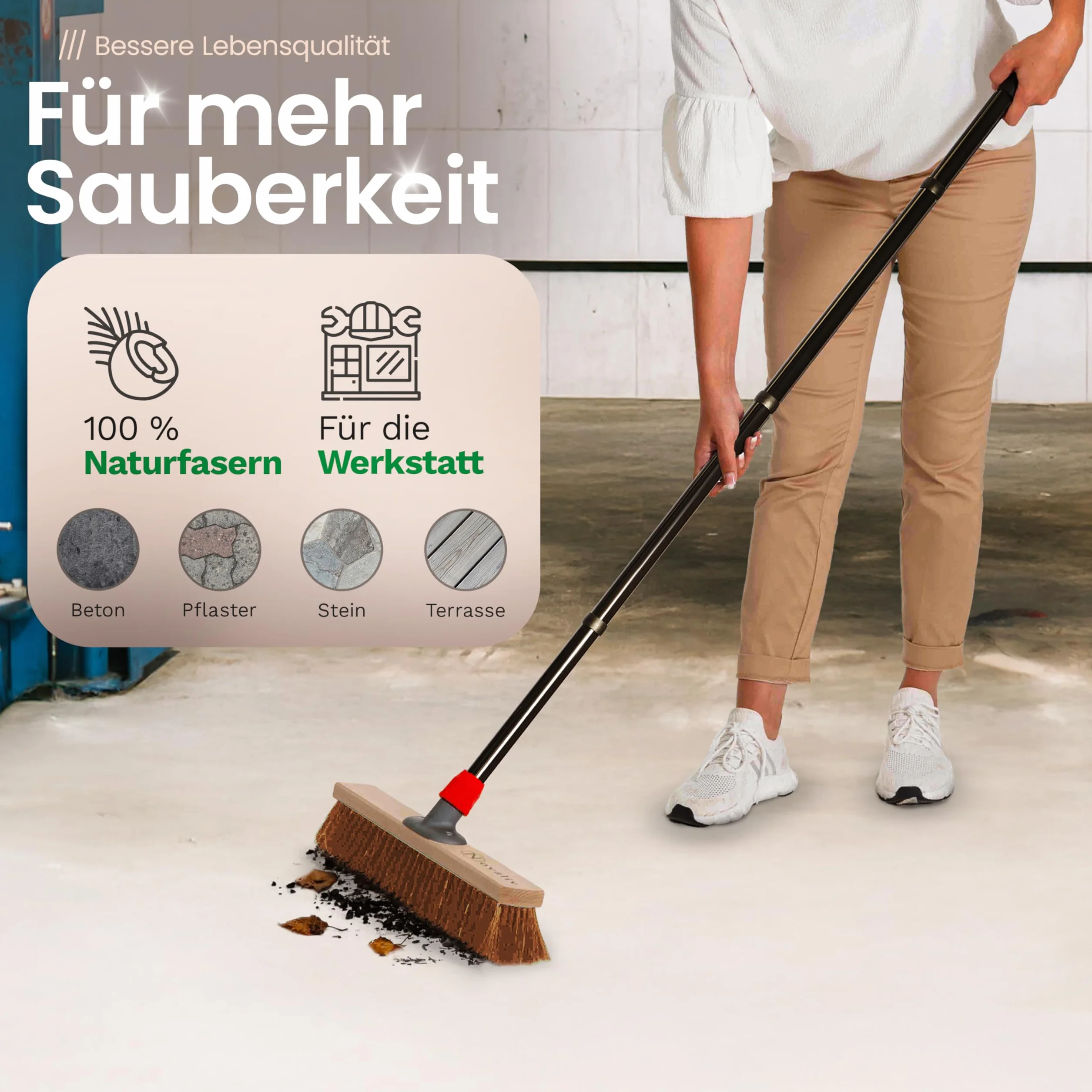 Novaliv Kokosbesen 40 cm mit Stiel Kokosborsten Besen Naturborsten mit stiel Ideal als Werkstattbesen Hallenbesen Industriebesen Hausbesen Kehrbesen Malerbesen Haarbesen Terassenbesen Besen weich