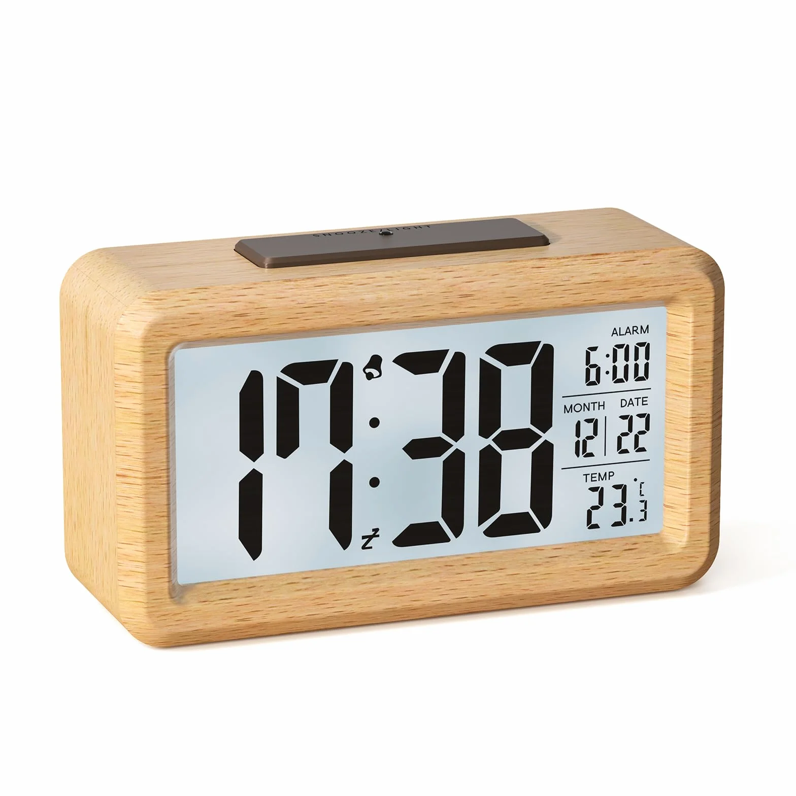 Wecker Digital aus Holz mit Großem LCD-Display, Datum, Temperatur, Automatischem Lichtsensor, Snooze-Funktion, Batteriebetrieben (3 AAA-Batterien im Lieferumfang Enthalten)