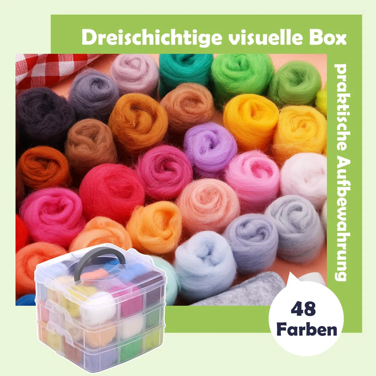 Wamkon nadelfilz set filznadeln zum trockenfilzen bestehend aus 48 Farben, filzset für anfänger mit Werkzeugen sowie einer Aufbewahrungsbox und Anleitung für Anfänger im Basteln